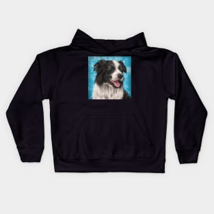 Painting of a Smiling Black and White Border Collie Dog on a Blue Background Kids Hoodie